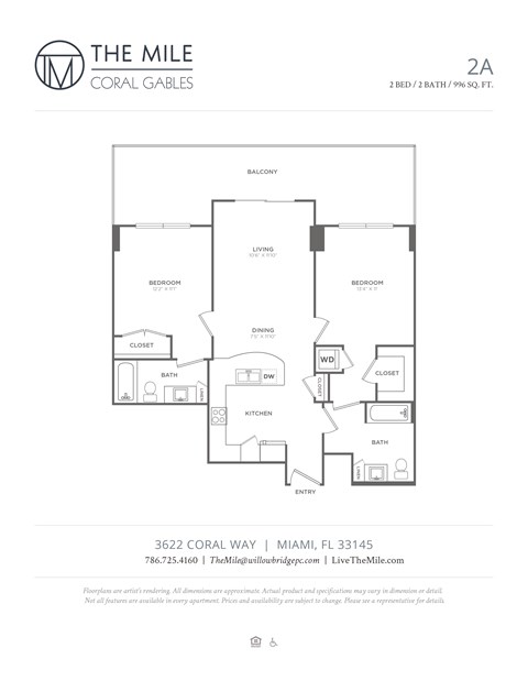 Floor plan for 2 beds, 2 baths, 996 sqft